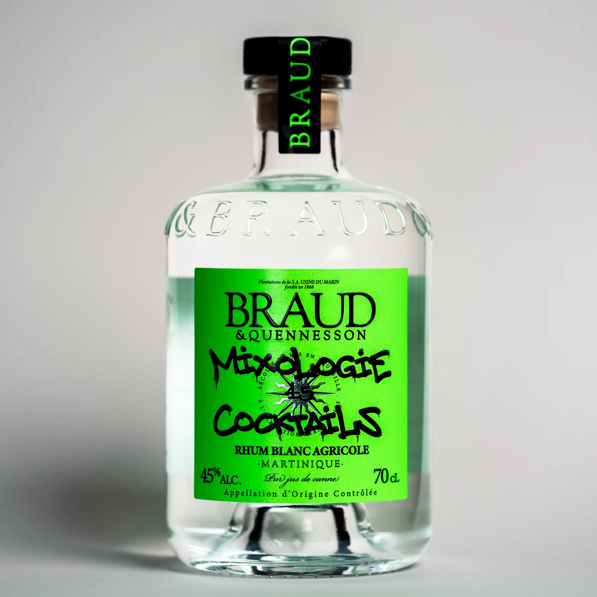Bouteille de rhum blanc agricole Cap 45° Braud & Quennesson, étiquette verte
